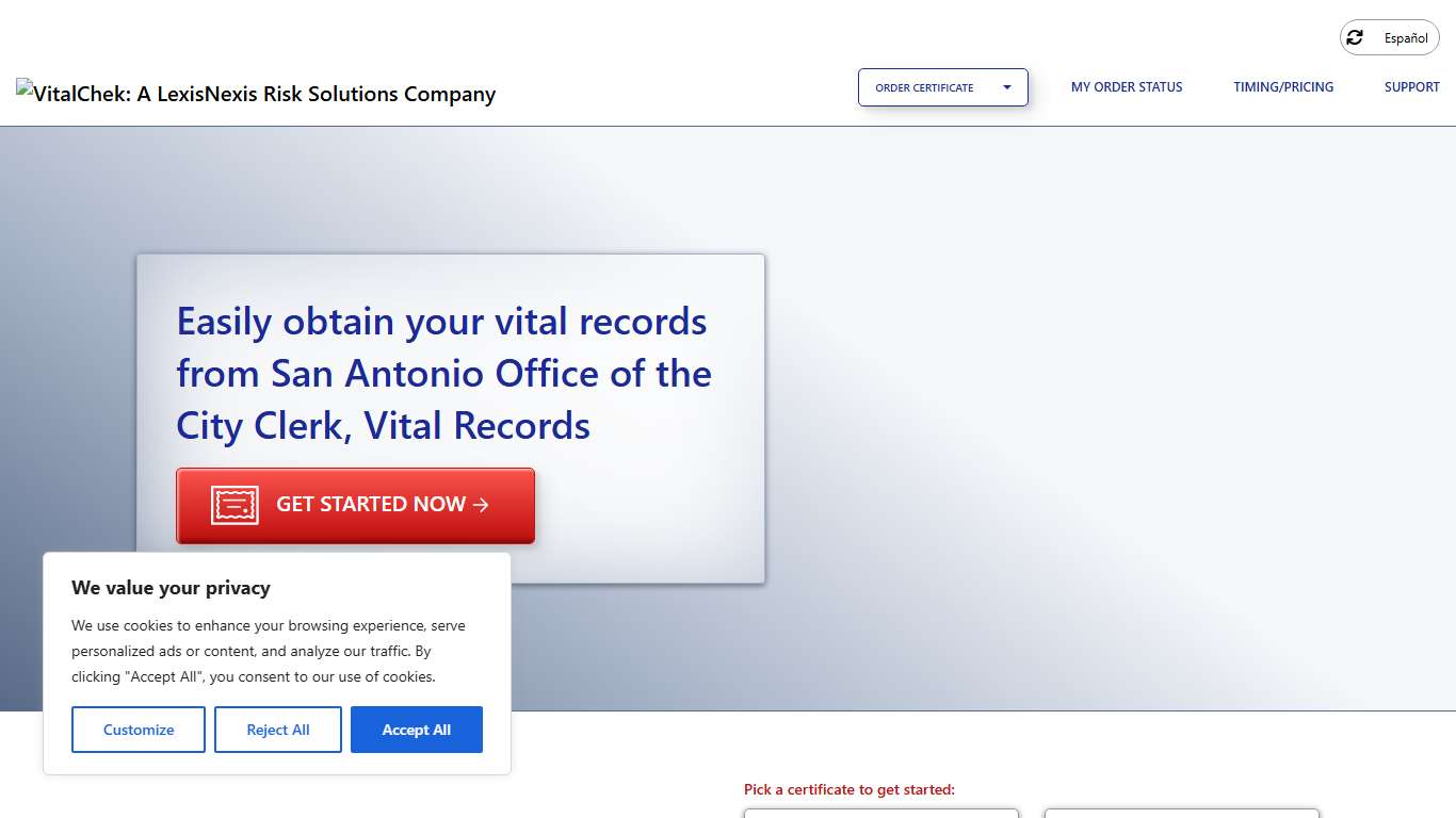 San Antonio Office of the City Clerk, Vital Records (TX) Order Certificates - VitalChek